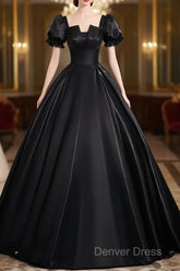 A-Line Short Sleeve Black Satin Long Prom Dresses, Black Long Formal Dresses