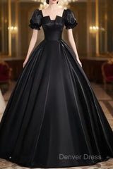 A-Line Short Sleeve Black Satin Long Prom Dresses, Black Long Formal Dresses