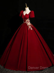 A-Line Short Sleeve Satin Lace Applique Burgundy Long Prom Dresses