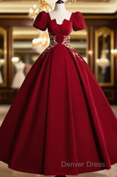 A-Line Short Sleeve Satin Lace Applique Burgundy Long Prom Dresses