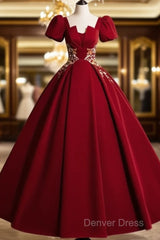 A-Line Short Sleeve Satin Lace Applique Burgundy Long Prom Dresses