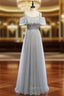 A Line Silver Gray Tulle Sequins Spaghetti Straps Prom Dresses