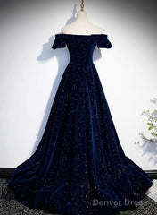 A-Line Simple Navy Blue Velvet Off Shoulder Prom Dress, Navy Blue Evening Dress