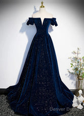 A-Line Simple Navy Blue Velvet Off Shoulder Prom Dress, Navy Blue Evening Dress