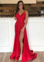 A Line Sleeveless Court Train Satin Prom Dresses With Pleated Split