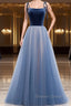 A Line Sleeveless Floor Length Blue Prom Dress, Blue Long Prom Bridesmaid Prom Dresses