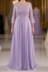 Lilac A-Line 3/4 Sleeves Scoop Lace Prom Dresses