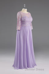 Lilac A-Line 3/4 Sleeves Scoop Lace Prom Dresses
