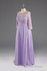 Lilac A-Line 3/4 Sleeves Scoop Lace Prom Dresses