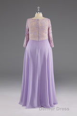 Lilac A-Line 3/4 Sleeves Scoop Lace Prom Dresses