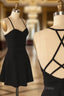 A Line Spaghetti Criss Cross Straps Satin Black Homecoming Dresses With Pleats