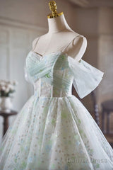 A-Line Spaghetti Strap Knee Length Prom Dress, Green Floral Tulle Party Dress With Corset