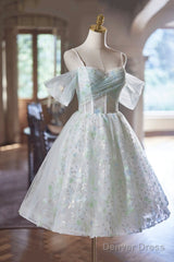 A-Line Spaghetti Strap Knee Length Prom Dress, Green Floral Tulle Party Dress With Corset