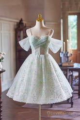 A-Line Spaghetti Strap Knee Length Prom Dress, Green Floral Tulle Party Dress With Corset