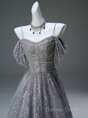 A-Line Spaghetti Strap Mesh Sequin Long Prom Dresses Graduation Prom Adult Ceremony Dresses