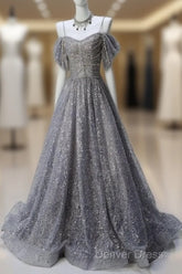 A-Line Spaghetti Strap Mesh Sequin Long Prom Dresses Graduation Prom Adult Ceremony Dresses