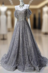 A-Line Spaghetti Strap Mesh Sequin Long Prom Dresses Graduation Prom Adult Ceremony Dresses