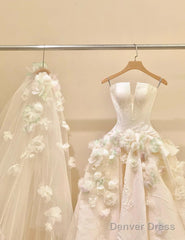 A-Line Spaghetti Strap Satin Long Prom Dress, Beautiful Applique Wedding Dress