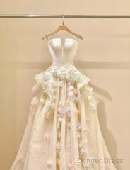 A-Line Spaghetti Strap Satin Long Prom Dress, Beautiful Applique Wedding Dress