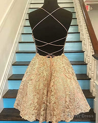 A-line Spaghetti Straps Applique Backless Short Homecoming Dress