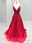 A Line Spaghetti Straps Appliques Lace Sweep Train Tulle Dresses