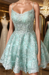 A-Line Spaghetti Straps Backless Mint Green Lace Short Prom Dresses, Backless Mint Green Lace Formal Graduation Homecoming Dresses