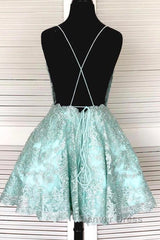 A-Line Spaghetti Straps Backless Mint Green Lace Short Prom Dresses, Backless Mint Green Lace Formal Graduation Homecoming Dresses