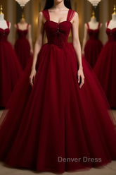 A Line Spaghetti Straps Beaded Burgundy Tulle Long Prom Dresses, Long Burgundy Formal Evening Dresses