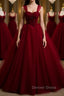 A Line Spaghetti Straps Beaded Burgundy Tulle Long Prom Dress, Long Burgundy Prom Dresses