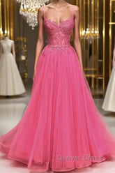 A Line Spaghetti Straps Beaded Pink Lace Long Prom Dresses, Pink Lace Formal Dresses, Pink Tulle Evening Dresses