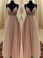 A Line Spaghetti Straps Beading Floor Length Tulle Dresses