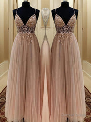 A-line Spaghetti Straps Beading Floor-Length Tulle Dress