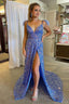 A Line Spaghetti Straps Blue Sequins Long Prom Dresses with Feathers