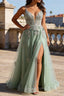 A Line Spaghetti Straps Green Long Prom Dresses with Criss Cross Back
