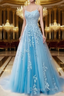 A Line Spaghetti Straps Lace Aqua Prom Dresses Long With Appliques Pretty Dresses