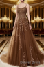 A Line Spaghetti Straps Lace Brown Prom Dresses Long With Appliques Pretty Dresses