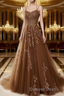A Line Spaghetti Straps Lace Brown Prom Dress Long With Appliques Pretty Dresses