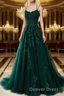 A Line Spaghetti Straps Lace Dark Green Prom Dresses Long With Appliques Pretty Dresses