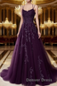 A Line Spaghetti Straps Lace Dark Purple Prom Dress Long With Appliques Pretty Dresses
