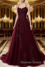 A Line Spaghetti Straps Lace Dark Red Prom Dress Long With Appliques Pretty Dresses