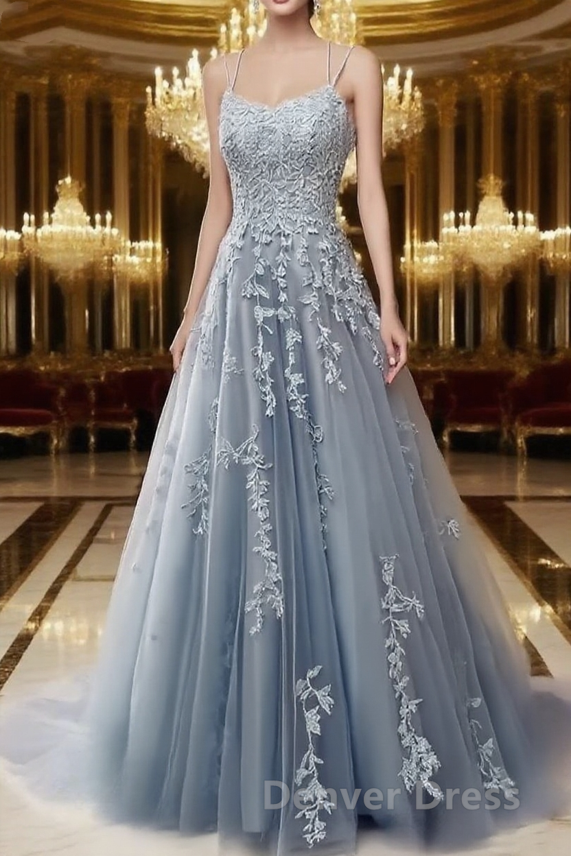 A Line Spaghetti Straps Lace Dusty Blue Prom Dress Long With Appliques