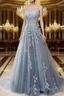 A Line Spaghetti Straps Lace Dusty Blue Prom Dresses Long With Appliques Pretty Dresses