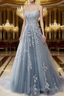 A Line Spaghetti Straps Lace Dusty Blue Prom Dress Long With Appliques Pretty Dresses