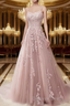A Line Spaghetti Straps Lace Dusty Pink Prom Dresses Long With Appliques Pretty Dresses