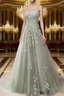 A Line Spaghetti Straps Lace Dusty Sage Prom Dress Long With Appliques Pretty Dresses