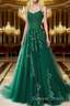 A Line Spaghetti Straps Lace Emerald Green Prom Dress Long With Appliques Pretty Dresses