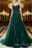 A Line Spaghetti Straps Lace Forest Green Prom Dresses Long With Appliques Pretty Dresses