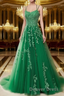 A Line Spaghetti Straps Lace Green Prom Dress Long With Appliques Pretty Dresses