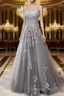 A Line Spaghetti Straps Lace Grey Prom Dress Long With Appliques Pretty Dresses