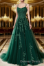 A Line Spaghetti Straps Lace Hunter Green Prom Dresses Long With Appliques Pretty Dresses